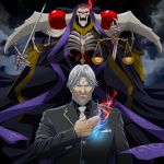  ainz_ooal_gown black_shirt black_suit blue_eyes bread breast_pocket burning_eyes closed_mouth collared_shirt facial_hair fire food formal grey_hair grey_jacket holding holding_sword holding_weapon jacket jewelry k-ta lich looking_at_viewer multiple_boys mustache necktie necromancer old_man overlord_(maruyama) pocket red_eyes ring scale sebas_tian shirt silver_hair skeleton suit sword weapon white_neckwear wing_collar 