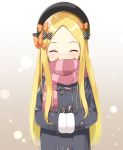  ^_^ abigail_williams_(fate/grand_order) bangs black_bow blonde_hair bow closed_eyes coat covered_mouth eyebrows_visible_through_hair facing_viewer fate/grand_order fate_(series) forehead hair_bow hands_in_opposite_sleeves hat long_hair ominaeshi_(takenoko) orange_bow parted_bangs polka_dot polka_dot_bow scarf simple_background solo striped striped_scarf upper_body very_long_hair winter_clothes winter_coat 