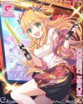  arcade_cabinet blonde_hair card_(medium) cygames dual_wielding green_eyes hair_ribbon holding ninon_joubert official_art princess_connect! ribbon shuriken_hair_ornament toy_sword 