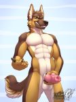  abs animal_genitalia animal_penis anthro balls beckoning canine canine_penis dog erection german_shepherd holding_penis knot looking_at_viewer male mammal muscular muscular_male nude penis smile solo standing vallhund 