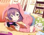  :o :x absurdres animal_hood bangs blue_eyes blue_shorts blush book bunny_hood carpet commentary_request controller curtains door dualshock dutch_angle figure flower_pot foreshortening full_body game_controller gamepad glint handheld_game_console highres holding hood hood_up hoodie idolmaster idolmaster_million_live! indoors long_sleeves mochizuki_anna nintendo_ds on_floor open_mouth pillow pink_legwear plant playing_games playstation_vita polka_dot poster_(object) potted_plant purple_hair shelf shiny shiny_hair shiokazunoko short_hair shorts socks solo sony stuffed_animal stuffed_bunny stuffed_toy 