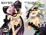  2015 4:3 advertisement alex_ahad beauty_mark black_hair breasts callie_(splatoon) cleavage clothed clothing dress duo ear_piercing english_text eye_markings eyeliner female grey_background hair hi_res humanoid inkling makeup marie_(splatoon) markings nintendo not_furry open_mouth parody piercing pointy_ears simple_background smile splatoon tentacle_hair tentacles text video_games white_hair yellow_eyes 