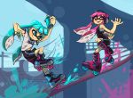  2015 blue_eyes blue_hair crossover duo female hair headphones hi_res humanoid inkling inline_skates jet_set_radio massivetilesale nintendo open_mouth pink_eyes pink_hair skating smile splatoon teeth video_games 