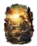  absurdres alfyn_(octopath_traveler) bag brown_hair child crying highres ikusy looking_at_another male_focus multiple_boys octopath_traveler official_art one_knee smile square_enix sunset tree 