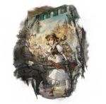  1girl absurdres armor backpack bag hat hat_feather highres ikusy jewelry merchant necklace octopath_traveler official_art old_man smile square_enix table tressa_(octopath_traveler) 