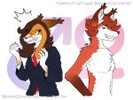  2018 abstract_background anthro avatar_guy blue_eyes breasts brown_fur brown_hair brown_nose browniecomicwriter canine casual_nudity clothing crossgender female fox fur gloves_(marking) green_eyes hair inner_ear_fluff long_hair male mammal markings necktie nude orange_fur orange_hair red_fox red_fur shocked signature smile suit teal_eyes ursula_(browniecomicwriter) watermark white_fur ♀ ♂ 