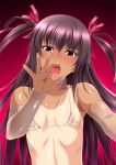  1girl aoi_nagisa_(metalder) bikini_top blush breasts brown_hair choker collarbone dark_skin detached_sleeves erect_nipples fellatio_gesture female flat_chest gradient_background hair_ribbon lilith-soft long_hair looking_at_viewer micro_bikini mizuki_yukikaze open_mouth pink_eyes ribbon shiny_clothes shiny_skin solo sweat taimanin_(series) taimanin_asagi taimanin_yukikaze tan tanline tongue tongue_out twintails upper_body 