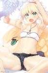  armpits artoria_pendragon_(all) bad_anatomy blonde_hair blush breasts character_doll commentary_request eyebrows_visible_through_hair fate/apocrypha fate_(series) feet_out_of_frame fou_(fate/grand_order) green_eyes hair_ornament hair_scrunchie hands_up jewelry medium_breasts mordred_(fate) mordred_(fate)_(all) necklace open_mouth ponytail red_scrunchie saber scrunchie short_hair short_shorts shorts simple_background solo strapless suga_hideo tubetop twitter_username white_background 