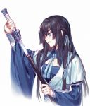  blue_eyes chinese_clothes cleavage_cutout closed_mouth eyebrows_visible_through_hair from_side hand_up hanfu holding holding_sword holding_weapon kangetsu_(fhalei) long_hair long_sleeves original scabbard sheath simple_background solo sword unsheathing upper_body weapon white_background wide_sleeves 