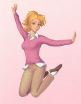  arm_up blonde_hair blue_eyes breasts brown_footwear brown_pants collared_shirt commission dress_shirt grin legs_up long_sleeves looking_at_viewer medium_breasts original outstretched_arms outstretched_hand pants partially_unbuttoned pink_background pink_shirt ponytail shirt short_hair short_ponytail signature simple_background smile socks solo umigraphics white_legwear wing_collar 