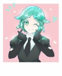  androgynous elbow_gloves gem_uniform_(houseki_no_kuni) gloves green_eyes green_hair hair_flaps heart heart-shaped_gem houseki_no_kuni laura19960605 looking_at_viewer necktie one_eye_closed phosphophyllite pink_background pointing pointing_at_self puffy_short_sleeves puffy_sleeves shirt short_hair short_sleeves smile solo sparkle 