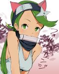  alternate_costume alternate_hairstyle animal_ears bare_shoulders blush breasts cat_ears cleavage fang forehead_protector gradient gradient_background green_eyes green_hair headband kemonomimi_mode long_hair looking_at_viewer low_ponytail mao_(pokemon) medium_breasts mouth_hold ninchan pokemon pokemon_(game) pokemon_sm scroll shuriken_hair_ornament smile solo sweat tank_top tareme translation_request upper_body 