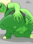  2018 alien anus blush breasts cartoon_network clothed clothing digital_drawing_(artwork) digital_media_(artwork) eyewear female gem gem_(species) glasses green_skin hair humanoid jyto looking_at_viewer mammal not_furry open_mouth peridot_(steven_universe) pussy short_stack simple_background smile solo spreading steven_universe teeth 