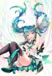  aqua_hair arm_up ass boots commentary_request elbow_gloves gloves green_eyes green_hair haruka_natsuki hatsune_miku high_heels highres long_hair looking_at_viewer open_mouth skirt solo thigh_boots thighhighs twintails vocaloid 