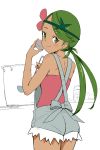  ass bangs bare_arms bare_shoulders blush bow bowl closed_mouth cowboy_shot cutoffs eyebrows_visible_through_hair flower green_eyes green_hair grey_bow hair_flower hair_ornament headband holding holding_bowl jar ladle long_hair looking_at_viewer looking_back low_twintails mao_(pokemon) ninchan overalls partially_colored pink_shirt pokemon pokemon_(game) pokemon_sm poz shirt simple_background smile solo standing swept_bangs tareme twintails white_background 