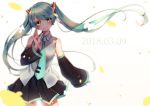  39 2018 absurdres aqua_eyes aqua_hair aqua_neckwear black_skirt commentary_request dated detached_sleeves hatsune_miku highres long_hair looking_at_viewer mikupa necktie petals sapphire_(ema-n) skirt smile solo standing twintails vocaloid 