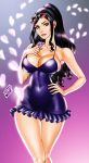  1girl bare_arms bare_shoulders black_hair blue_dress blue_eyes breasts cleavage curvy dress hand_on_waist hips large_breasts long_hair nico_robin one_piece ponytail sunglasses sunglasses_on_head thick_thighs thighs tied_hair wide_hips 