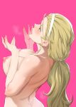  areolae blue_eyes blush breasts butt_crack from_behind girls_und_panzer hairband heart iku_(ikuchan_kaoru) large_areolae large_breasts long_hair nipples nude open_mouth pink_background ponytail revision sasaki_akebi simple_background solo tongue tongue_out upper_body white_hairband 