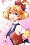  1girl :d blonde_hair bow detached_sleeves freyja_wion from_side green_eyes hair_between_eyes hair_bow hair_ornament heart heart_hair_ornament macross macross_delta necktie one_side_up open_mouth red_bow shiny shiny_hair short_hair smile solo tinkle2013 upper_body 