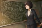  black_jacket black_skirt brown_eyes brown_hair chalkboard classroom clock collared_shirt commentary day dress_shirt graduation indoors jacket long_sleeves original parted_lips pencil_skirt shirt short_hair skirt solo wall_clock white_shirt wing_collar yajirushi_(chanoma) 