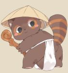  2018 anthro balls big_balls blush brown_fur butt canine clothing cute digital_media_(artwork) fundoshi fur hat huge_balls japanese_clothing kemono looking_back male mammal ookm raised_tail simple_background smile solo staff standing straw_hat tanuki toony underwear underwear_aside 