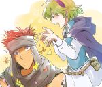  blush cape closed_eyes fire_emblem fire_emblem:_rekka_no_ken fire_emblem_heroes flower green_hair hairband highres hoshigaki_(hsa16g) jaffar_(fire_emblem) nino_(fire_emblem) open_mouth red_eyes red_hair short_hair smile 