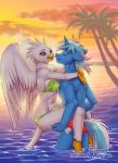  2018 anthro avian beach beak bikini blue_eyes blue_fur blue_hair breasts clothed clothing day digital_media_(artwork) duo equine feathered_wings feathers female fur gryphon hair horn imanika male mammal non-mammal_breasts open_mouth outside partially_submerged seaside sky smile swimsuit unicorn water white_feathers wings yellow_beak 