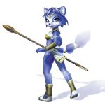  2002 anthro blue_fur blue_hair breasts canine cleavage clothed clothing female footwear fox fur green_eyes hair jewery krystal loincloth looking_at_viewer mammal nintendo official_art solo staff star_fox video_games weapon 