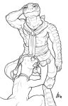  anthro balls caught crestfallenartist crusch_lulu duo erection fellatio female greyscale holding_penis lizard looking_back male male/female monochrome multi_penis oral overlord_(series) penis reptile saliva scalie sex smile sweat sweatdrop vein zaryusu_shasha 