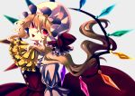  ascot blonde_hair buttons commentary crystal flandre_scarlet grey_background hair_between_eyes hat highres looking_at_viewer mob_cap open_mouth puffy_sleeves red_eyes red_ribbon red_skirt red_vest ribbon shirt side_ponytail skirt solo touhou upper_body vest white_shirt wings yellow_neckwear yuka_yukiusa 