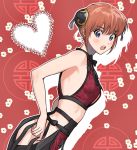  armpits bare_arms bare_shoulders blue_eyes blush bun_cover commentary_request cowboy_shot dutch_angle eyebrows_visible_through_hair from_side gintama heart kagura_(gintama) kanapy looking_at_viewer looking_to_the_side no_bra no_panties open_mouth orange_hair red_background short_hair solo standing 