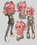  arms_behind_head black_shirt black_shorts bow colo_(nagrolaz) commentary fang hair_bow highres laughing octarian octoling octopus pink_hair purple_eyes shirt shoes shorts sneakers splatoon_(series) splatoon_2 tentacle_hair 