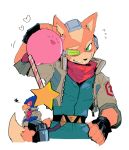  3boys bird bluebird blush falco_lombardi fingerless_gloves fox fox_mccloud game_console gloves green_eyes grumpy gun handheld_game_console happy kirby kirby_(series) kokusoji laser_beam looking_at_another looking_away male_focus multiple_boys nintendo nintendo_switch pilot pilot_suit pilot_uniform red_scarf scarf scouter simple_background smile star_fox super_smash_bros. upper_body weapon white_background 