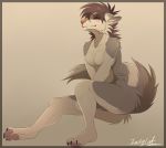  anthro barefoot canine clothed clothing digital_media_(artwork) digitigrade dog female fur grey_fur indycat mammal pawpads simple_background smile solo 