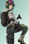  absurdres ass backpack bag baseball_cap blue_eyes boots camouflage closed_mouth cz_scorpion_evo_3 ela_(rainbow_six_siege) fingerless_gloves gloves goggles goggles_on_head green_gloves green_hair gun handgun hat headset highres holster hood hooded_jacket jacket lips looking_at_viewer looking_back military military_operator rainbow_six_siege rifle short_hair solo submachine_gun thigh_holster unsomnus weapon 