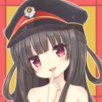  :d bangs black_hair black_hat blunt_bangs blush collarbone commentary_request eyebrows_visible_through_hair finger_to_mouth fingernails hachiroku_(maitetsu) hair_rings hat head_tilt long_hair maitetsu nude open_mouth peaked_cap red_eyes smile solo sunameri_(pixiv3564245) 