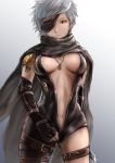  black_gloves breasts breasts_apart brown_eyes center_opening cloak cowboy_shot elbow_gloves eyepatch fingerless_gloves gloves granblue_fantasy grey_background highres holding holding_weapon jewelry knife looking_at_viewer medium_breasts navel necklace pendant short_hair sidehiwinder silver_hair solo tanya_(granblue_fantasy) thigh_strap weapon 