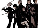  4boys bad_id bad_pixiv_id belt black_jacket black_pants blue_eyes closed_mouth collared_shirt commentary_request earrings fate/grand_order fate_(series) formal frankenstein's_monster_(fate) from_side fujimaru_ritsuka_(male) glasses grey_hair gun handgun hiiragi_fuyuki holding holding_gun holding_sword holding_weapon hood hood_up horns jacket james_moriarty_(fate/grand_order) jewelry katana looking_at_viewer miyamoto_musashi_(fate/grand_order) multiple_boys multiple_girls necktie pant_suit pants pink_hair pistol profile sherlock_holmes_(fate/grand_order) shirt silver_hair simple_background skirt standing suit suits sword weapon white_background white_shirt wing_collar yagyuu_munenori_(fate/grand_order) 