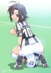  antenna_hair armband ass ball black_hair cleats clothes_writing color_connection from_behind highres idolmaster idolmaster_(classic) inoue_sora italian italy juventus_fc kikuchi_makoto kneehighs looking_at_viewer looking_back nike pantylines purple_eyes serie_a short_hair shorts signature sitting sitting_on_object soccer soccer_ball soccer_field soccer_uniform socks solo sportswear squatting twitter_username wristband 
