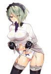  black_gloves danganronpa garter_belt gloves green_eyes green_hair hair_over_one_eye headdress hijiri_ruka maid maid_headdress mouth_hold necktie new_danganronpa_v3 panties shirt short_hair solo thighhighs toujou_kirumi underwear undressing white_panties 