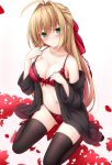  ahoge black_legwear blonde_hair blush bra breasts cleavage commentary_request embarrassed fate/extra fate_(series) green_eyes hair_down hair_ribbon highres long_hair looking_to_the_side making_of medium_breasts navel nero_claudius_(fate) nero_claudius_(fate)_(all) panties red_bra red_panties red_ribbon ribbon sitting solo thighhighs underwear wariza yoye_(pastel_white) 