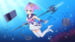  :d absurdres air_bubble anchor azur_lane bangs bare_shoulders biako black_ribbon blue_sailor_collar blurry blurry_foreground blush bracelet breasts bridal_gauntlets bubble cannon chain commentary coral crown depth_of_field eyebrows_visible_through_hair fish green_eyes hair_between_eyes hair_ornament hair_ribbon high_ponytail highres holding javelin javelin_(azur_lane) jewelry medium_breasts mini_crown no_shoes object_namesake open_mouth outstretched_arm pleated_skirt ponytail revision ribbon sailor_collar shirt sidelocks skirt sleeveless sleeveless_shirt smile solo sparkle thighhighs thighs torpedo turret underwater v-shaped_eyebrows water white_legwear white_shirt white_skirt zettai_ryouiki 