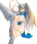  armor bikini_armor blonde_hair blue_eyes breasts commentary curvy elf greaves highres huge_breasts knight lance long_hair masao nipples original plump pointy_ears polearm see-through shield solo weapon 