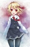  ascot black_legwear black_skirt black_vest blonde_hair commentary cowboy_shot eyebrows_visible_through_hair frilled_skirt frills hair_ribbon long_sleeves looking_at_viewer open_mouth pantyhose red_eyes red_neckwear ribbon rumia short_hair skirt sleeves_past_wrists solo standing touhou uumaru vest 
