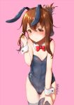  animal_ears bangs bare_shoulders black_legwear black_leotard blush bow bowtie breasts brown_eyes brown_hair bunny_ears bunny_girl bunnysuit closed_mouth detached_collar folded_ponytail groin hair_between_eyes highleg highleg_leotard inazuma_(kantai_collection) kantai_collection leotard long_hair looking_at_viewer md5_mismatch pink_background red_neckwear sidelocks simple_background small_breasts solo strapless strapless_leotard thigh_gap thighhighs twitter_username white_collar wing_collar wrist_cuffs yaosera 