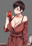  1girl artist_request black_hair bra breasts brown_eyes cleavage commentary grey_background highres holding huge_breasts manchester_united mug original short_hair solo 