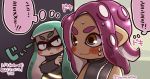  :&lt; :3 against_wall aqua_hair commentary dark_skin inkling looking_at_another multiple_girls octarian octoling partially_translated pink_hair same_anko serious splatoon_(series) splatoon_2 splatoon_2:_octo_expansion squidbeak_splatoon sweat tentacle_hair thought_bubble translation_request upper_body 
