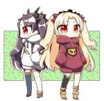  absurdres alternate_costume backpack bag bangs black_bow black_hair black_legwear blonde_hair boots bow casual closed_mouth commentary_request drawstring earrings ereshkigal_(fate/grand_order) eyebrows_visible_through_hair fate/grand_order fate_(series) hair_bow hands_in_pockets highres hood hoodie infinity ishtar_(fate/grand_order) jako_(jakoo21) jewelry long_hair long_sleeves looking_at_viewer looking_away multiple_girls profile red_bow red_eyes red_hoodie sandals single_thighhigh standing thighhighs tiara two_side_up very_long_hair white_hoodie 