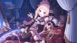  blonde_hair curtains cygames gem glass_slipper jewelry mirror nijimura_yuki official_art pointy_ears princess_connect! purple_eyes smirk thighhighs twintails window 