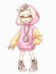  1girl :d bangs blunt_bangs crown domino_mask full_body gem gradient_hair hand_on_hip hime_(splatoon) hood hood_up hoodie jewelry legs_apart long_sleeves mask menruiko_(merui_12) mole mole_under_mouth multicolored_hair necklace open_mouth pigeon-toed pink_hair pocket ring shoelaces shoes short_hair silver_footwear simple_background sleeves_past_wrists smile sneakers solo splatoon_(series) splatoon_2 splatoon_2:_octo_expansion standing suction_cups symbol-shaped_pupils teeth tentacle_hair thick_eyebrows thumb_ring two-tone_hair white_background white_hair yellow_eyes 